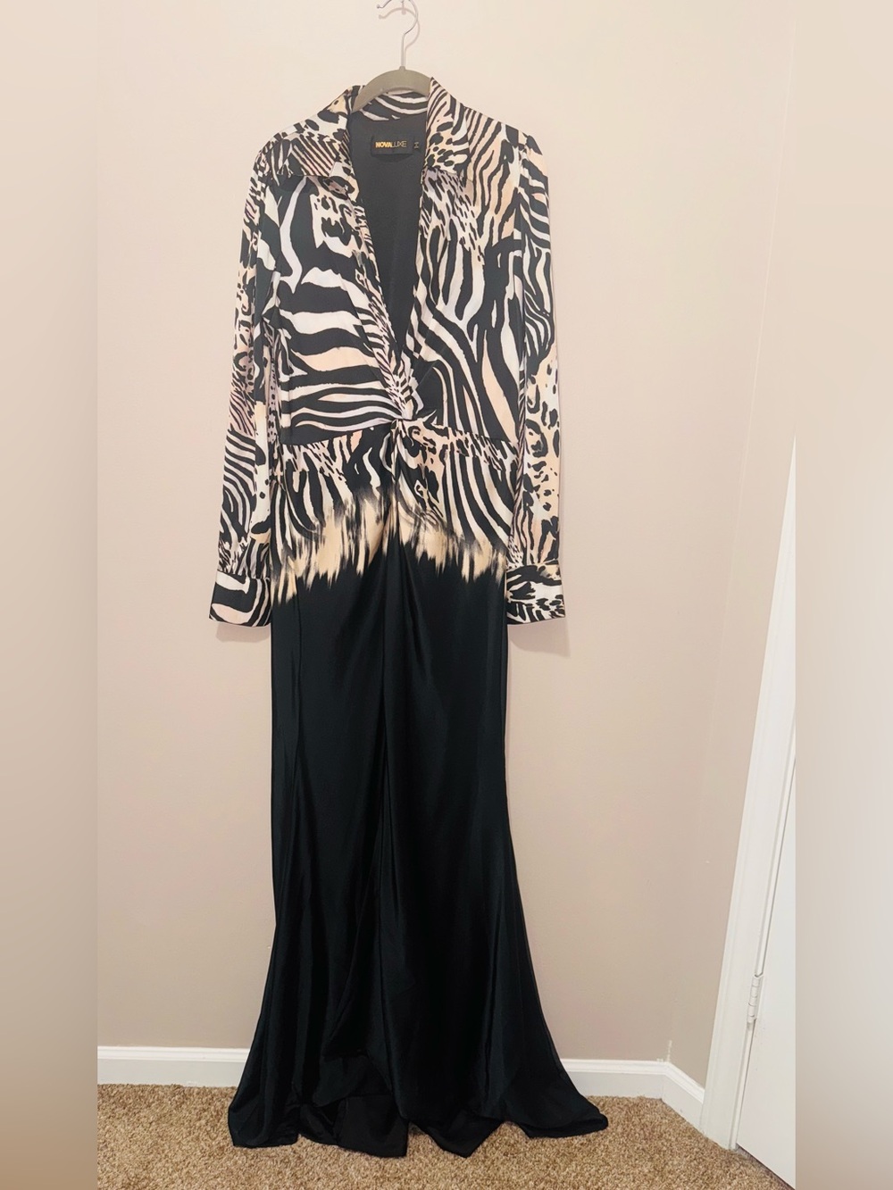 Black and Beige Zebra Print Wrap Maxi Dress